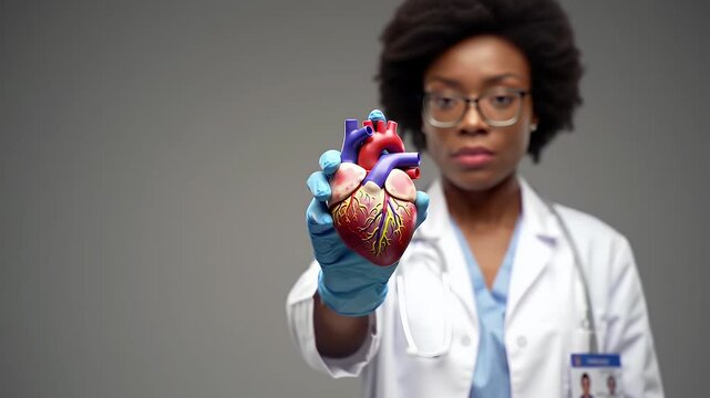 Confident African American Female Doctor Holding Anatomical Heart Model in Clinic Gray Background Wearing White Lab Coat and Glasses