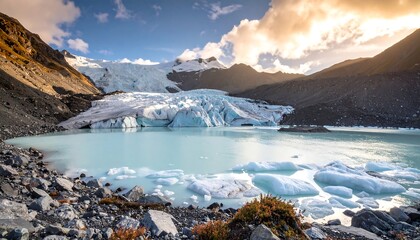 Glacier Meltwater Pool Landscape with Icebergs and Mountain Scenery