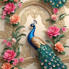 Seamless Mughal Wallpaper Illustration, Peacock, Flower, Wedding Background, Tree.	