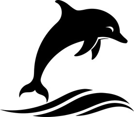 Solid silhouette of a leaping dolphin cresting a wave, on white background.