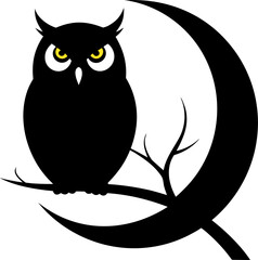 Solid silhouette of a perched owl on a bare branch, moon visible, on white background.