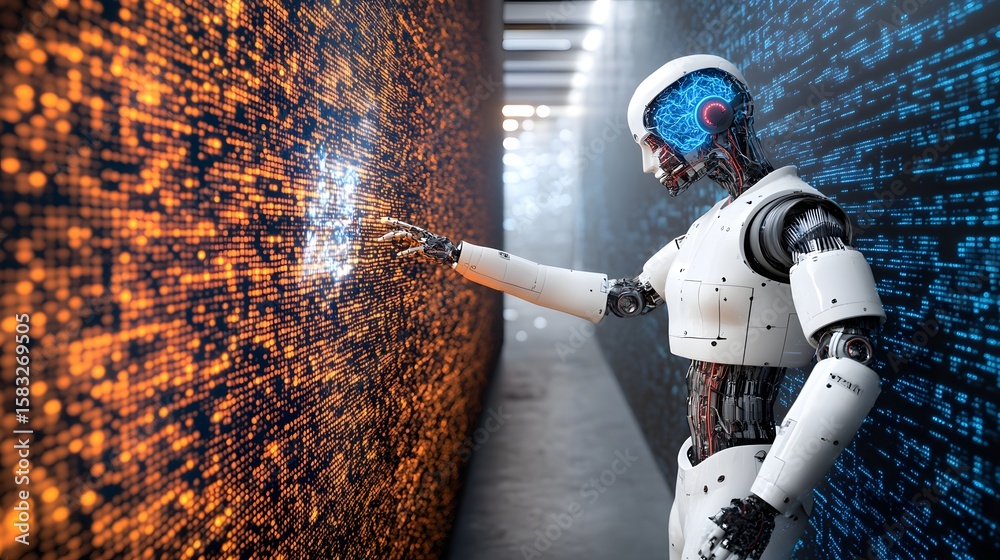 Poster futuristic robot interacts with data stream.