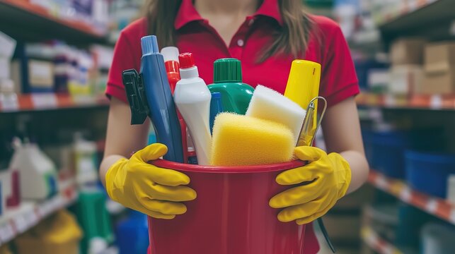 Cleaning Supplies in a Red Bucket Held by a Person in a Store Setting for Household Cleaning and Retail Display