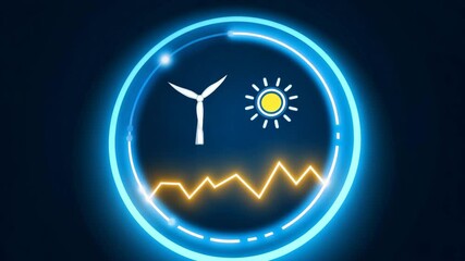 Blue circle with a wind turbine and sun in the center. The circle is lit up. minimal icon set of wind, sun, battery around central stock ticker surge, sustainable energy stocks - Powered by Adobe