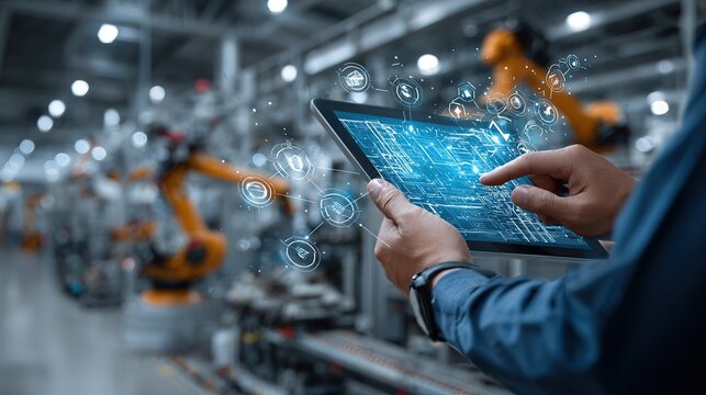 "Digital Interface in Industrial Manufacturing: Hands Interacting with Tablet in a Smart Factory Setting"