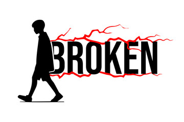 Broken Text T-Shirt Design, Sad Boy Silhouette with Red Lightning Crack Effect,  Emotional Mental Health Concept