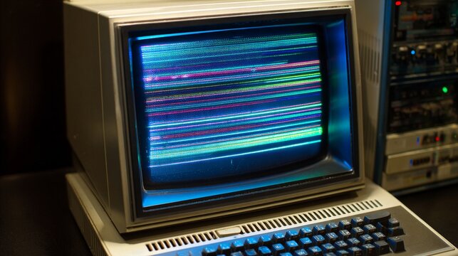 Vintage computer monitor displaying colorful horizontal lines, showcasing retro technology and early digital display aesthetics from the 1980s era