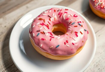 Pink frosted donut with sprinkles on white plate, treat, food