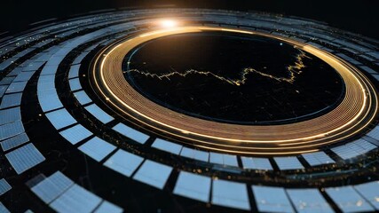 Circle with a yellow line in the middle. The circle is surrounded by squares. abstract circle of solar panels orbiting rising price line, futuristic infographic style, sustainable energy stocks - Powered by Adobe