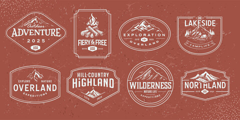 Rugged mountain adventure typography collection logos . Vintage Outdoor mountains badge illustration. 
