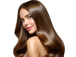 Radiant Locks: A beautiful woman with flowing, shiny brown hair, exuding confidence and natural beauty. Her smooth skin glows, complementing the richness of her hair.
