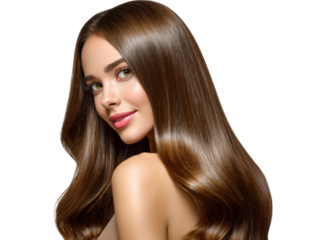 Radiant Locks: A beautiful woman with flowing, shiny brown hair, exuding confidence and natural beauty. Her smooth skin glows, complementing the richness of her hair.
