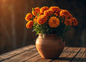Bunches of orange marigolds in terracotta clay vibrant floral arrangement outdoor garden artistic display nature's beauty