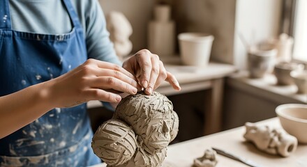 Close-up of a person's hands shaping clay on a sculpture, wearing a blue apron in a bright studio setting.