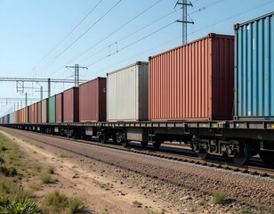 Obraz premium A long freight train carrying colorful shipping containers on a sunny day with power lines above it