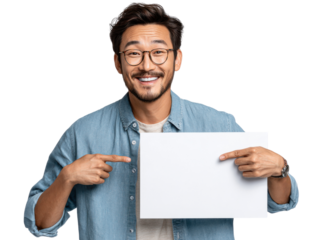 Man with Sign: A smiling man points toward a blank sign, conveying a message of announcement, promotion, or communication. Capturing the essence of expression and space for creative copy.