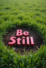 Red lettering spelling Be Still rests in freshly tilled earth, encircled by vibrant green grass, vertical composition. This serene image evokes tranquility and the beauty of natures simple elegance.