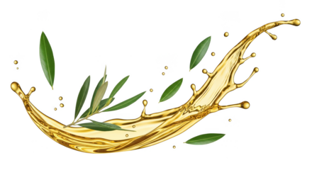 Olive oil splash with floating leaves