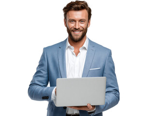 Confident Businessman: A sharp and charismatic businessman in a stylish suit exudes confidence as he works on his laptop, offering a glimpse of modern professional life.