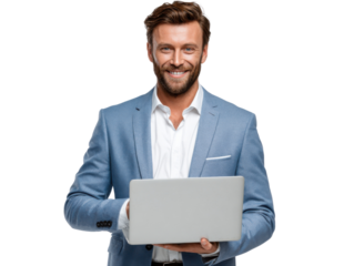 Confident Businessman: A sharp and charismatic businessman in a stylish suit exudes confidence as he works on his laptop, offering a glimpse of modern professional life.