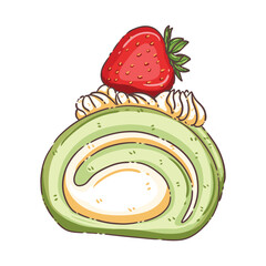 Hand-Drawn Green Tea Roll Cake with Cream and Fruit