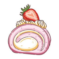 Hand-Drawn Pink Roll Cake with Cream and Strawberry