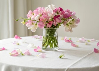 Arranging sweet peas in a short glass vase a floral display guide for home decor soft natural aesthetic indoor setting close-up view