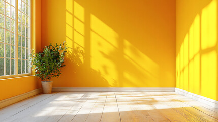 Yellow virtual empty room background backdrop banner image with window for online presentations and zoom meetings