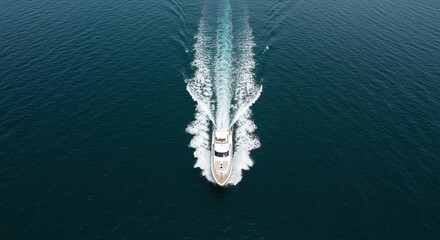 Motorboat Speeding on Open Water in Bright Sunlight with White Wake and Calm Blue Sea