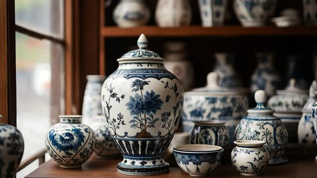 Explore beautiful blue and white pottery arranged on wooden shelves in a local artisan shop, highlighting expert craftsmanship