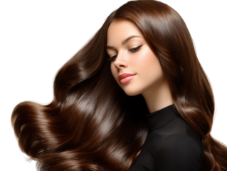 Radiant Locks: A beautiful woman with flowing, glossy brown hair exudes elegance and confidence, her healthy tresses cascading in a display of natural beauty.
