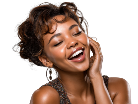 Pure Laughter Radiance: A captivating woman, her eyes closed in mirth, emanates pure joy. The close-up shot highlights her genuine, infectious happiness.