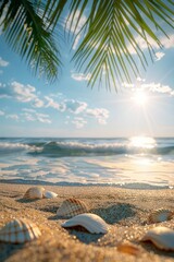 Seashells on Sandy Beach: A scenic view of seashells resting on the sandy shore against the backdrop of a bright blue ocean, sunny sky, and palm tree, capturing a tranquil tropical scene.