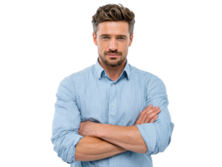 Confident Man Portrait: A portrait of a man with arms crossed, conveying confidence and determination. His light blue shirt and serious expression create a professional yet approachable image.