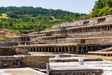 Stacked Wooden Terraces for Traditional Salt Production at the Salinas de Añana in the Spanish...