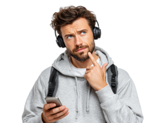 Man lost in Thought and Music: A thoughtful individual sporting headphones and clutching a smartphone is seen deep in contemplation. This evokes an atmosphere of reflection.