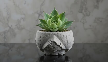 Succulent plant in a textured, geometric pot sits on a glossy surface against a marble backdrop