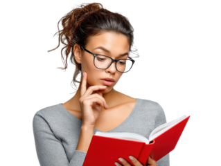 Focused Female Reader: A captivating image of a young woman deeply engrossed in a vibrant red book, her expression reflecting thought and concentration. She wears glasses.