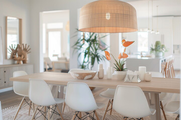 A bright dining room featuring a light wood dining table, white chairs, and a large pendant light above.