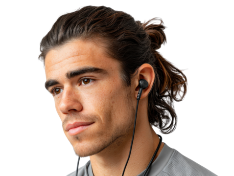 Man listening to earphone: Man with hair in a ponytail enjoys music on earphones against blank background.
