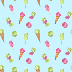 Ice cream and macaroon cookies summer pattern. Watercolor hand-painted elements on blue background. For fabric, wallpaper, wrapping paper, cafe decoration, scrapbooking, and more