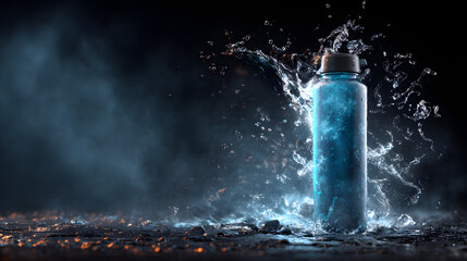 Dynamic Image of a Water Bottle Bursting with Splashing Water and Liquid Elements