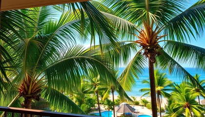 Fototapeta premium Lush green palm trees swaying gently, viewed from a private balcony overlooking a tropical resort, greenery, resort