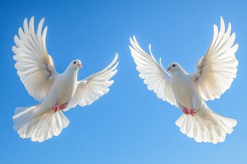 Fototapeta premium Soaring Doves: Two pristine white doves gracefully take flight against the clear, cloudless azure sky, symbolizing peace and freedom. A breathtaking illustration of tranquility and spiritual unity.