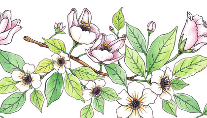 Elegant floral branch with pink and white flowers and bright green leaves in a detailed illustration. Ideal for design projects.