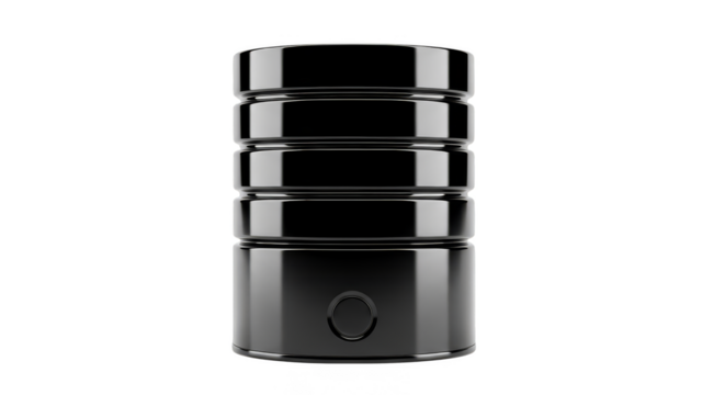 Gleaming black cylindrical ribbed object in void