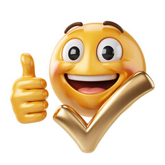 3 D rendered emoji with thumbs up and gold checkmark on a black background with color blocks