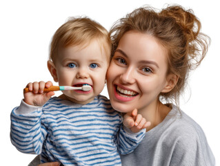 The Joy of Dental Care: A mother and child share a heartwarming moment, the toddler happily embracing a toothbrush in a nurturing scene promoting health and bonding.