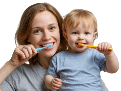 Dental Bonding: A mother and child bond while teaching oral hygiene, with mother and child both wearing big smiles while the pair use their toothbrushes to promote healthy habits. 