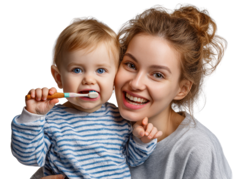 The Joy of Dental Care: A mother and child share a heartwarming moment, the toddler happily embracing a toothbrush in a nurturing scene promoting health and bonding.